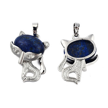 Natural Lapis Lazuli Pendants, with Platinum Plated Brass Findings, Cat Charm, 30.5x25x9mm, Hole: 5x7.5mm
