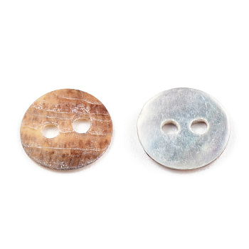 Mother of Pearl Buttons, Natural Akoya Shell Button, 2-Hole, Flat Round, Camel, 9x1~2mm, Hole: 1.5mm