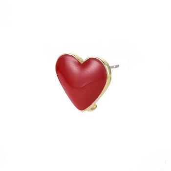 Alloy Enamel Stud Earring Findings, with Loop, Raw(Unplated) Pins, Heart, Light Gold, Dark Red, 11.5x13.5mm, Hole: 1.8mm, Pin: 0.7mm