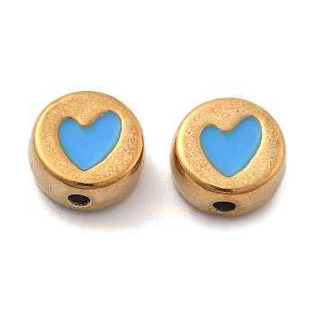 Ion Plating(IP) 304 Stainless Steel Beads, with Enamel, Real 18K Gold Plated, Flat Round with Heart, Deep Sky Blue, 10x4.5mm, Hole: 1.6mm