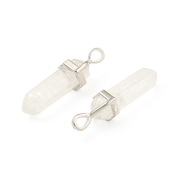 2Pcs Natural Quartz Crystal Double Terminated Pointed Pendants, Rock Crystal, Faceted Bullet Charms, with Random Alloy Pendant Hexagon Bead Cap Bails, Platinum, 37~40x12mm, Hole: 3x4mm