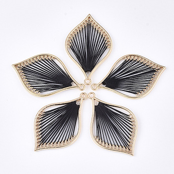 Cotton Thread Woven Pendants, with Alloy Findings, Leaf, Golden, Black, 43x26.5x2mm, Hole: 1.8mm