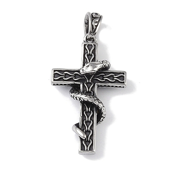 Viking 316 Surgical Stainless Steel Pendants, Cross with Snake Charm, Antique Silver, 46.5x27x11mm, Hole: 8x6mm