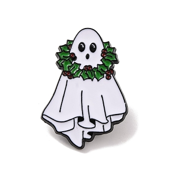 Christmas Theme Ghost with Holly Leaves Enamel Pins, Alloy Brooches for Backpack Clothes, Green, 30x21x2mm