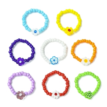 Glass Seed Beads Stretch Rings, Flower Handmade Millefiori Glass for Women, Mixed Color, 3mm, Inner Diameter: 21mm, 8pcs/set