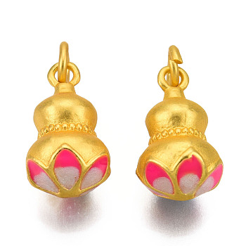 Alloy Enamel Pendants, Cadmium Free & Lead Free, with Jump Rings, Matte Gold Color, Gourd, Deep Pink, 15.5x9x9mm, Jump Ring: 5x1mm, 3mm inner diameter