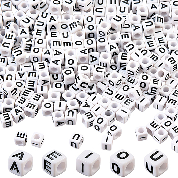 1000Pcs 5 Styles Acrylic Horizontal Hole Letter Beads, Cube with Letter A E I O U, Black, 6x6x6mm, Hole: 3.2mm, 200pcs/style