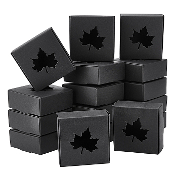BENECREAT Kraft Paper Box, Flip Cover, Maple Leaf Visual Window, Square, Black, Finished Product: 7.5x7.5x3cm