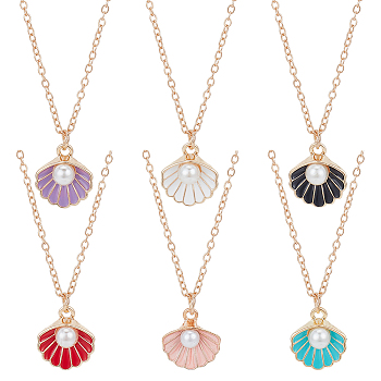 6Pcs 6 Colors Enamel Shell with Plastic Pearl Pendant Necklaces Set for Women, Light Gold Alloy Necklaces, Mixed Color, 18.50 inch(47cm), 1Pc/color