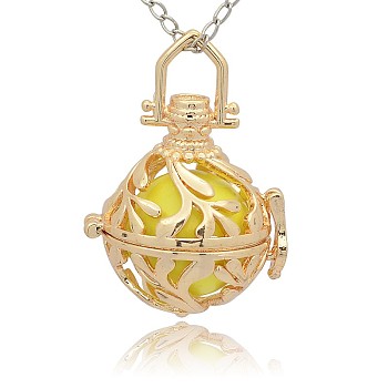 Golden Tone Brass Hollow Round Cage Pendants, with No Hole Spray Painted Brass Round Ball Beads, Champagne Yellow, 36x25x21mm, Hole: 3x8mm