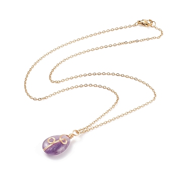Natural Amethyst Teardrop Pendant Necklace, Gold Plated 304 Stainless Steel Wire Wrap Jewelry for Women, 17.72 inch(45cm)