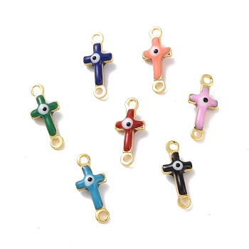 Brass Enamel Connector Charms, Real 18K Gold Plated, Religion Cross with Evil Eye Pattern, Mixed Color, 5.5x13x3mm, Hole: 1.2mm