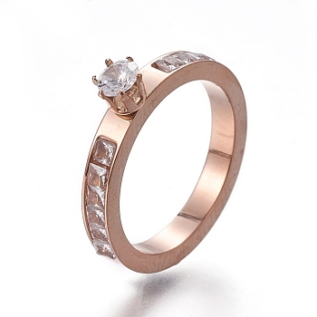 304 Stainless Steel Finger Rings, with Cubic Zirconia, Crown, Rose Gold, Size 6~9, 16~19mm