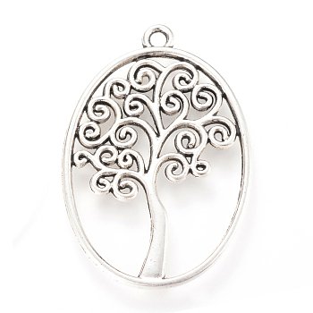 Tibetan Style Alloy Pendants, Oval with Tree, Cadmium Free & Nickel Free & Lead Free, Antique Silver, 40x27x2mm, Hole: 2mm, about 255pcs/1000g