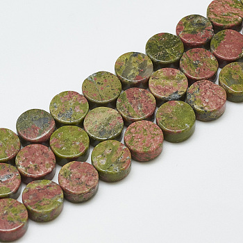 Natural Unakite Beads Strands, Flat Round, 10~10.5x5mm, Hole: 1mm, about 40pcs/strand, 16.3 inch