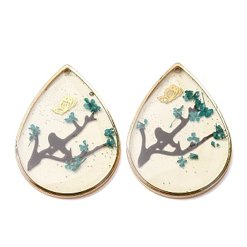 Brass & Transparent Epoxy Resin & Dried Flower Pendants, Teardrop with Wintersweet & Butterfly Pattern Charms, with Glitter Powder, Dark Turquoise, 35x25.5x3mm, Hole: 1.2mm