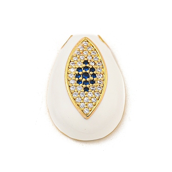 Rack Plating Brass Micro Pave Cubic Zirconia Pendants, Long-Lasting Plated, Cadmium Free & Lead Free, with Enamel, Teardrop with Eye, Real 18K Gold Plated, White, 22x15x6.7mm, Hole: 2.5x2.5mm