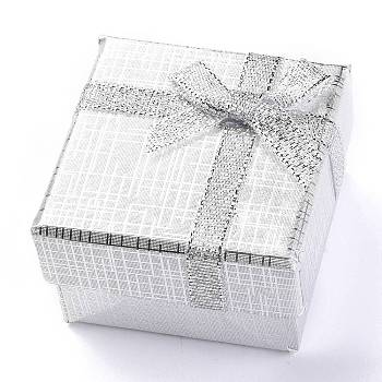 Cardboard Box Ring Boxes, with Bowknot, Square, Silver, 5x5x3.1cm