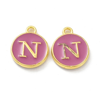 Golden Plated Alloy Enamel Charms, Cadmium Free & Lead Free, Enamelled Sequins, Flamingo, Flat Round with Letter, Letter.N, 14x12x2mm, Hole: 1.4mm