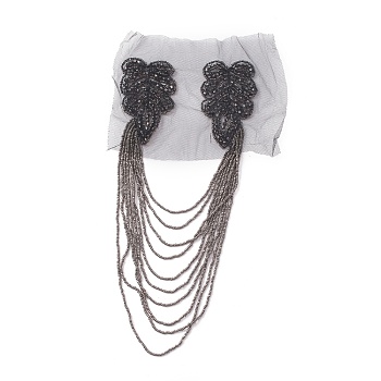 Glass Beaded Hamdmade Fashion Tassel Epaulette, Leaf Shoulder Badge, with Organza Finding, Black, 330x180x4mm