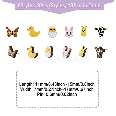 CHGCRAFT 48Pcs 6 Styles Duck & Butterfly & Cow & Rabbit & Chick Wood Stud Earrings(EJEW-CA0001-10)-2