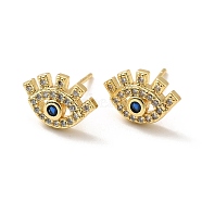 Sapphire Rhinestone Evil Eye Stud Earrings, Rack Plating Brass Jewelry for Women, Cadmium Free & Lead Free, Real 18K Gold Plated, 8.5x12.5mm, Pin: 0.9mm(EJEW-M209-07G)