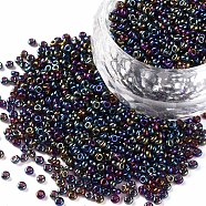 12/0 Grade A Round Glass Seed Beads, Transparent Colours Rainbow, Colorful, 12/0, 2x1.5mm, Hole: 0.9mm, about 30000pcs/bag(SEED-Q010-F557)