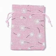 Burlap Packing Pouches Drawstring Bags, Rectangle, Pearl Pink, Flower, 13.5~14x10x0.35cm(ABAG-L016-A13)