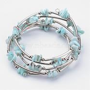 Natural Larimar Beaded Wrap Bracelets, with Steel Bracelet Memory Wire, Iron Beads and Brass Tube Beads, Platinum, 2-1/8 inch(54mm)(BJEW-JB02682-01)
