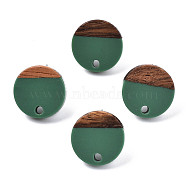 Opaque Resin & Walnut Wood Stud Earring Findings, with 304 Stainless Steel Pin, Flat Round, Sea Green, 14mm, Hole: 1.8mm, Pin: 0.7mm(MAK-N032-007A-B02)