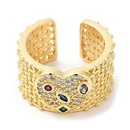 Rack Plating Brass Hollow Open Cuff Rings, Colorful Cubic Zirconia Heart Ring, Real 16K Gold Plated, Inner Diameter: 18mm(RJEW-R138-04G)