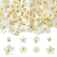 80Pcs 8 Styles ABS Plastic Imitation Pearl Pendants, with Golden Tone 304 Stainless Steel Loops, Flower Charms, White, 10~20x6~27mm, Hole: 3.5mm, 10pcs/style(KY-CJ0001-95)