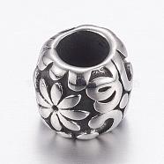 304 Stainless Steel European Beads, Large Hole Beads, Barrel with Flower, Antique Silver, 10x9mm, Hole: 5mm(STAS-P173-066AS)