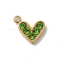 Golden Tone 304 Stainless Steel Rhinestone Charms, Heart, Olivine, 7.5x10x2mm, Hole: 1.2mm(STAS-L025-005G-05)