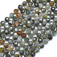 Natural Eagle Eye Stone Beads Strands, with Seed Beads, Faceted, Flat Round, 6~6.5x4mm, Hole: 1mm, about 50pcs/strand, 15.35''(39cm)(G-K389-B36-01)