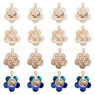 24Pcs 4 Style Electroplate Glass Pendants, with Light Gold Plated Brass Findings, Flower with Tree of Life, Mixed Color, 16~17x14x9mm, Hole: 1.2mm, 6pcs/style(EGLA-SC0001-13)