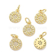 Brass Micro Pave Clear Cubic Zirconia Charms, with Jump Ring, Long-Lasting Plated, Flat Round with Sun, Real 18K Gold Plated, 11x9x1.5mm, Jump Ring: 5x1mm, 3mm Inner Diameter(ZIRC-L091-079G)