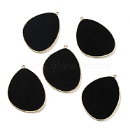 Natural Black Onyx(Dyed & Heated) Pendants, Rack Plating Brass Egg Charms, Golden, 41.5~43x30.5~31x2.4mm, Hole: 1.3~2mm(G-K347-02G-06)