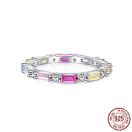 Rhodium Plated 925 Sterling Silver Finger Rings, with Colorful Rectangle Cubic Zirconia, Platinum, US Size 7(17.3mm)(RJEW-K253-03P)