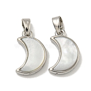 Rack Plating Brass Natural White Shell Pendants, Moon, Platinum, 15.5x10x3.5mm, Hole: 5X2.5mm(KK-U025-06P-01)