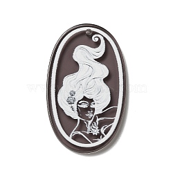 Transparent Acrylic Pendants, Oval with Women Charm, Coffee, 44x26x3mm, Hole: 1.8mm(TACR-L005-001B)