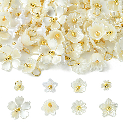 80Pcs 8 Styles ABS Plastic Imitation Pearl Pendants, with Golden Tone 304 Stainless Steel Loops, Flower Charms, White, 10~20x6~27mm, Hole: 3.5mm, 10pcs/style(KY-CJ0001-95)