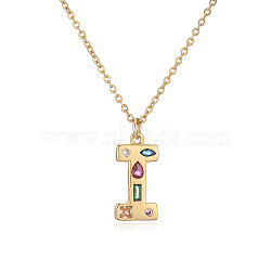 Brass Pave Colorful Cubic Zirconia Initial Pendant Necklaces for Women, Real 18K Gold Plated, Letter I, 17.72 inch(45cm), pendant: 23x10mm(FS-WG02860-09)
