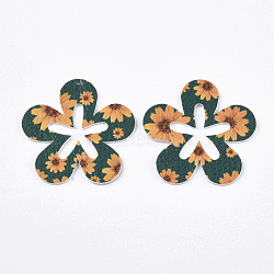 PU Leather Big Pendants, Double-Sided Daisy Pattern, Flower, Dark Green, 50x51x2mm, Hole: 1mm(FIND-R072-08-A15)