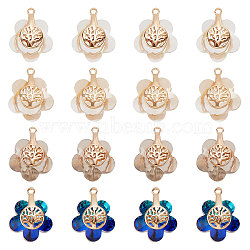 24Pcs 4 Style Electroplate Glass Pendants, with Light Gold Plated Brass Findings, Flower with Tree of Life, Mixed Color, 16~17x14x9mm, Hole: 1.2mm, 6pcs/style(EGLA-SC0001-13)