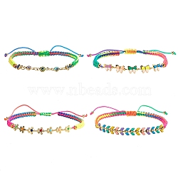 4Pcs 4 Styles Adjustable Nylon Thread Braided Bead Bracelets, with Brass Enamel Links, Brass Round Beads and Velvet Bag, Colorful, Real 18K Gold Plated, Inner Diameter: 2-1/4~3-3/8 inch(5.8~8.5cm), 1pc/style(BJEW-SZ0001-022RG)