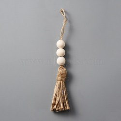 Jute Tassel, with Round Wood Beads, Hemp Tassel, Craft Tassels for DIY Garland Embellishing Cords Pendant Decorations, Blanched Almond, 195mm(HJEW-WH0042-50)