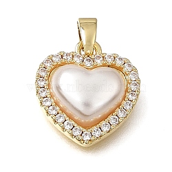 Brass Micro Pave Clear Cubic Zirconia Pendants, with ABS Imitation Pearl, Heart Charms, Rack Plating, Long-Lasting Plated, Cadmium Free & Lead Free, White, Golden, 15.5x14.5x6mm, Hole: 5x2mm(KK-CBAA632-38G)
