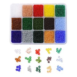 25000PCS 15 Colors 12/0 Grade A Round Glass Seed Beads, Transparent Colours, Mixed Color, 2x1.5mm, Hole: 0.8mm, 25g/color, about 25000pcs/box(SEED-JP0011-14-2mm)