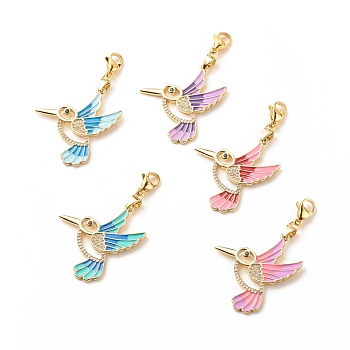 Brass Enamel Hummingbird Pendant Decorations, Lobster Clasp Charms, Clip-on Charms, Micro Pave Clear Cubic Zirconia, for Keychain, Purse, Backpack Ornament, Stitch Marker, Mixed Color, 50mm
